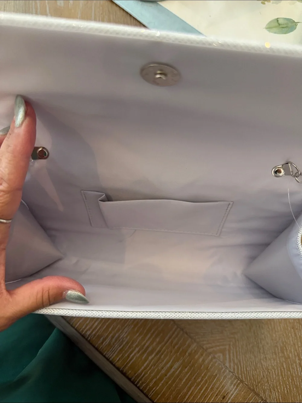 Kendall James silver sparkle evening bag